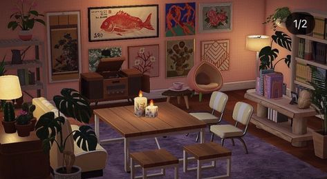 Acnh Dining Room Ideas, Acnh Art Museum Room, Animal Crossing Dining Room, Acnh Hhp Gallery, Animal Crossing Gallery Ideas, Animal Crossing Maximalism, Acnh Art Gallery, Acnh Maximalism, Acnh Gallery