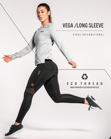 Eco Vega Long Sleeve -- The next generation of Virus Performance Fabric has arrived; we set out to create the perfect blend of fabric that combines athletic performance with maximal comfort. Fabric so soft you'll need to feel it to believe it. -- @virusintl #virusintl Fashion Poster Design, Creative T Shirt Design, Sales Ads, Sports Wear Women, Learning Graphic Design, Fashion Hub, Athletic Performance, Sport Poster, Pants Design