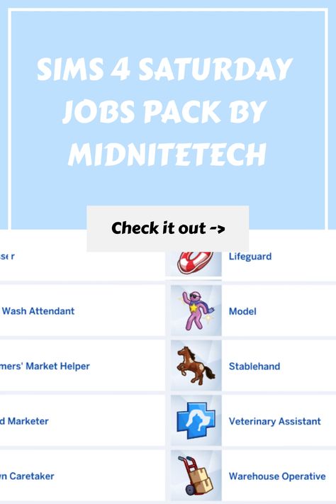 Ever wished your Sims could just have a Saturday job? Well, now they can with this Saturday job pack. It’s available for teens and older, and comes with 10 jobs to choose from. Each career Sims4 Jobs, Sims 4 Jobs Mods, Sims 4 Woohoo Mod, Sims Cheats, Sims 4 Jobs, Teacher Career, Veterinary Assistant, Cheat Codes, The Sims 4 Packs