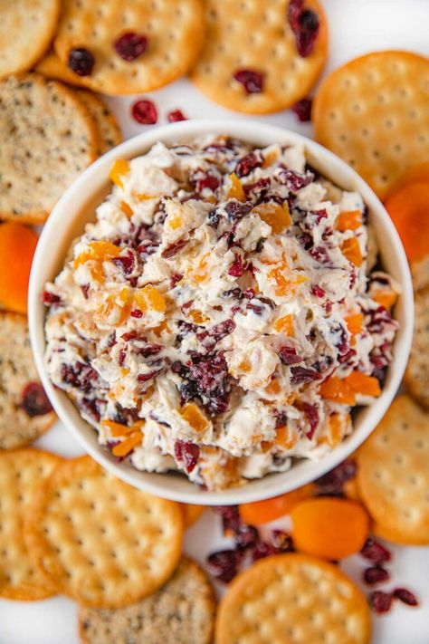 Cranberry Cream Cheese Spread is an easy, flavorful holiday appetizer, with cream cheese, cranberries, apricots, and orange zest. | #appetizers #cheese #cheeseball #cranberries #party #partyfood #christmas #thanksgiving #holidays #dinnerthendesert Appetizer With Cream Cheese, Cranberry Cream Cheese Spread, Thanksgiving Cranberry, Cream Cheese Spread Recipes, Appetizers Thanksgiving, Cheese Spread Recipes, Cream Cheese Spread, Cranberry Cream Cheese, Holiday Appetizer