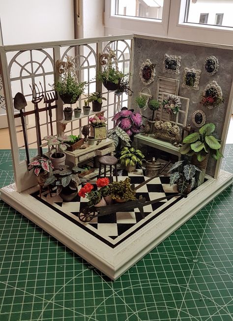 Dollhouse Conservatory, Dollhouse Greenhouse, Fisherman House, Dollhouse Landscaping, French Doll House, Miniature Greenhouse, Fishermans Cottage, Diy Shadow Box, Gingerbread House Decorations