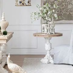 ALL THAT GLISTENS - Shop Sales Events Antique Farmhouse Round Side Table Wood, Bedroom Side Table Ideas, Side Table Ideas, Bedroom Side Table, Rustic Comforter, Side Table Styling, French Farmhouse Decor, Holly Branch, Farmhouse Side Table