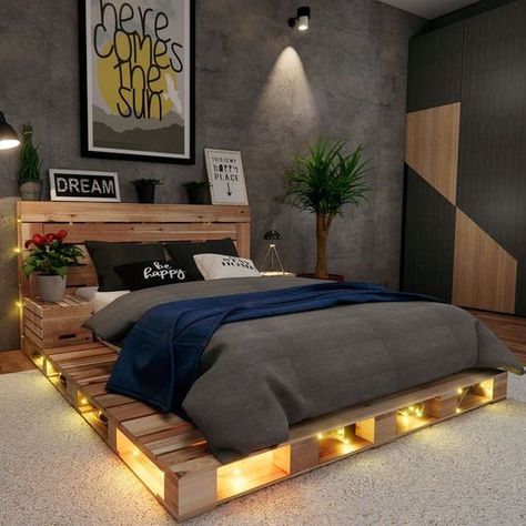 How to Create Pallet Bed At Home? | Living Style Ideas Japanese Beds, Diy Pallet Bed Ideas, Pallet Bedroom, Bed With Lights, Pallet Bed With Lights, Pallet Room, Pallet Bed Frame, Diy Pallet Bed, Pallet Bed