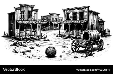 Western Town Art, Western Town Concept Art, Ghost Town Illustration, Western Ghost Town, Western Ghost, Old Western Towns, Americana Art, Western Town, Ghost Town