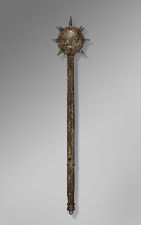 Morning Star: This type of mace is commonly called morning star or holy water sprinkler and was made in Milan sometime between 1560 and 1580. Constructed of punched, engraved, and russeted steel, the piece is ornamented with silver and gold hatching, a copper alloy, and is encrusted with silver beads. Medieval Mace, Ancient Warfare, Philadelphia Museum Of Art, Arm Armor, Medieval Knight, Morning Star, Art Institute Of Chicago, Axes, Ancient Art