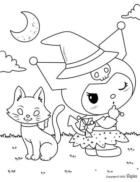 Kuromi in Halloween Clothes with a Cat Coloring Page Kuromi Halloween Coloring Page, My Melody Halloween Coloring Pages, Kuromi Coloring Pages Printable, Sanrio Halloween Coloring Pages, Hello Kitty Halloween Coloring Pages, Coloring Pages Kuromi, Kuromi Coloring Page, Sanrio Coloring Pages Printable, Cat Colouring Pages