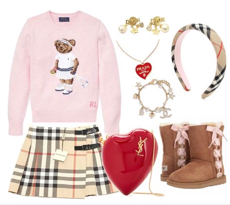 Ralph Lauren sweater | Burberry Skirt and Headband | YSL heart bag | Uggs | Prada necklace | Chanel bracelet | Dior earrings Family Moodboard, Ralph Lauren Sweater Outfit, Burberry Headband, Prada Necklace, Bracelet Dior, Necklace Chanel, Dior Sweater, Dream Wishlist, Burberry Skirt