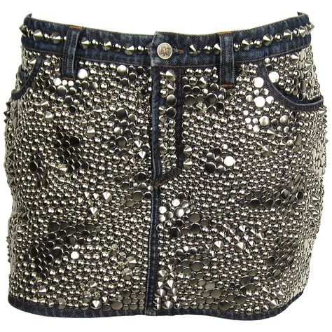 1990s Versace Denim Embellished Studded Mini Skirt  | From a collection of rare… 1990s Versace, 1990s Skirt, Front Zipper Skirt, Versace Skirt, Versace Fashion, Studded Denim, Vintage Skirts, Short Denim Skirt, Ball Gown Skirt