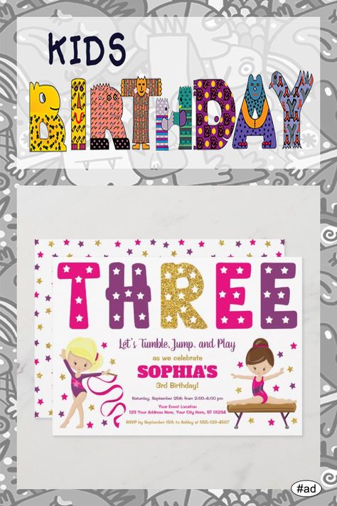 Gymnastics 3rd Birthday Invitation | Hot Pink - tap/click to personalize and buy #3rd #birthday, #third #party, #invitation, 3rd Birthday Invitation, Third Birthday, Third Party, 3rd Birthday, Gymnastics, Birthday Invitations, Hot Pink, Tap, Created By