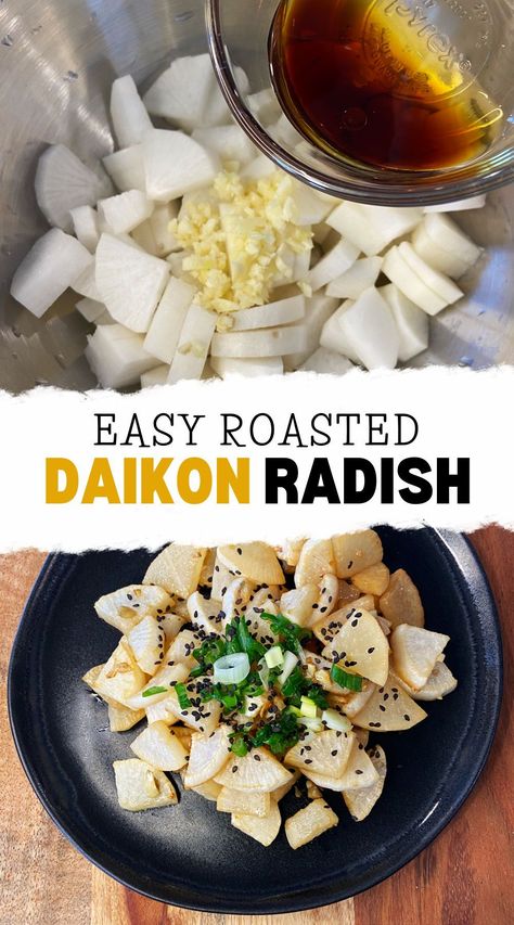 LOVE this simple healthy snack! I am now obsessed with daikon radishes. Super simple to make and sooooo flavorful Daikon Recipes, Low Calorie Side Dishes, Vegan Snacks On The Go, Daikon Recipe, Radish Recipe, Raw Vegan Snacks, Soy Sauce Rice, Healthy Vegan Dinner Recipes, Daikon Radish