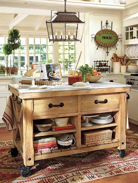 A place for eveything in your busy kitchen. #potterybarn                                                                                                                                                                                 More Rustic Kitchen Island Ideas, Marble Top Kitchen Island, Pottery Barn Kitchen, Top Kitchen Table, Reclaimed Wood Kitchen Island, Portable Kitchen Island, Freestanding Kitchen Island, Mobile Kitchen Island, Reclaimed Wood Kitchen