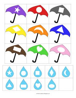 ourhomecreations: Matching shapes with raindrops and umbrellas W Is For Weather, April Preschool, Preschool Shapes, Spring Theme Preschool, Shapes Activity, Weather Lessons, Preschool Weather, Shape Activities Preschool, Weather Crafts