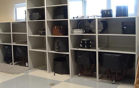 band room shelves - Google Search Percussion Organization, Band Room Ideas, Band Classroom, Drum Studio, Instrument Storage, Drums Studio, Eagle Project, Band Room, Drum Room