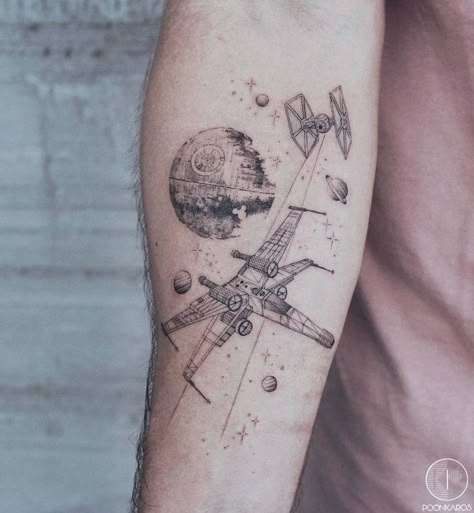 X Wing Tattoo, Star Wars Tattoo Sleeve, Wing Tattoo Designs, Wing Tattoo, Arm Band Tattoo, Star Wars Tattoo, Space Tattoo, Subtle Tattoos, X Wing