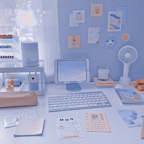 Blue Pastel Aesthetic Korean Wallpaper, Softgirl Aesthetic Room, Korean Minimalist Aesthetic Wallpaper, Soft Blue Aesthetic Korean, Soft Blue Background Aesthetic, Cute Room Ideas Blue, Pastel Blue Gaming Setup, Soft Blue Theme Aesthetic, Pastel Blue Room