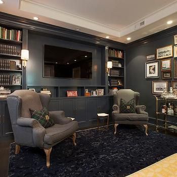 Formal Living Room Turned Study, Gray Wall Office Ideas, Dark Paneled Walls, Moody Office Design, Office Snug, Paneled Den, Moody Office, Den Library, Grey Wingback Chair