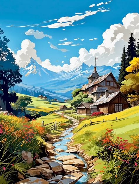 Swiss Mountains, Valley Landscape, Scenery Paintings, Image Nature, Landscape Art Painting, Landscape Artwork, Landscape Drawings, Beautiful Landscape Wallpaper, Mountain Paintings