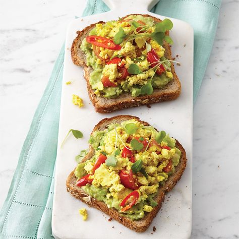 To give your morning a head start, this tofu scramble stores in the fridge for 3-4 days and can be reheated in a microwave. Tofu Toast, Tofu Ideas, Korean Sweet Potato Noodles, Korean Sweet Potato, Sauteed Tomatoes, Sprouted Grain Bread, Coconut Chia Pudding, Save On Foods, Avocado Toast Recipe