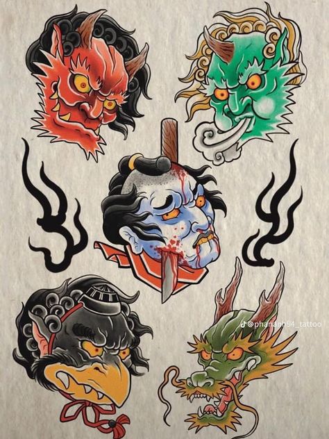 Tengu Art, Tengu Tattoo, Japanese Mask Tattoo, Traditional Japanese Tattoo Flash, Dragon Tattoo Art, Japanese Oni, Japanese Stuff, Japan Tattoo Design, Clever Tattoos