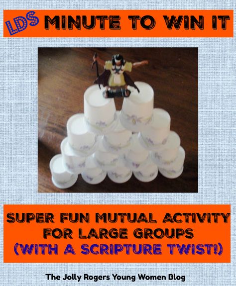 LDS Theme Minute to Win It - games using scriptures from the Bible and the Book of Mormon. Great Combined Activity Ideas for YW YM from the LDS Jolly Rogers YW Blog Yw Mutual Activity Ideas, Book Of Mormon Minute To Win It, Fun Yw Activity Ideas, Lds Ym/yw Combined Activities, Lds Ward Activities, Lds Games For Youth, Book Of Mormon Youth Activities, Young Men Activities Lds Ideas, Book Of Mormon Activity Ideas