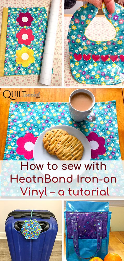 Don't miss this! A step by step tutorial on how to sew with fusible vinyl using HeatnBond Iron-on Vinyl. Projects include placemats, baby bibs, lunch bags, luggage tags. Applique Stitches, Vinyl Paper, Iron On Vinyl, Printed Quilt, Craft Show Ideas, Quilting For Beginners, Quilting Tips, Cricut Vinyl, Cricut Projects Vinyl