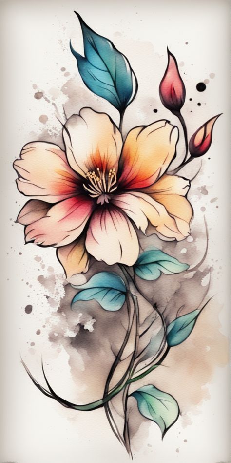 A watercolor-style tattoo design of a vibrant colored flower, vividly painted on a blank canvas. The artistic blend of colors and delicate details gives the flower a lifelike appearance. Bunch Of Flowers Drawing, Watercolor Bible, Flor Tattoo, Pencil Drawings Of Flowers, Scrapbook Flowers, Drawn Flowers, Vibrant Watercolor, Style Tattoo, Abstract Art Inspiration