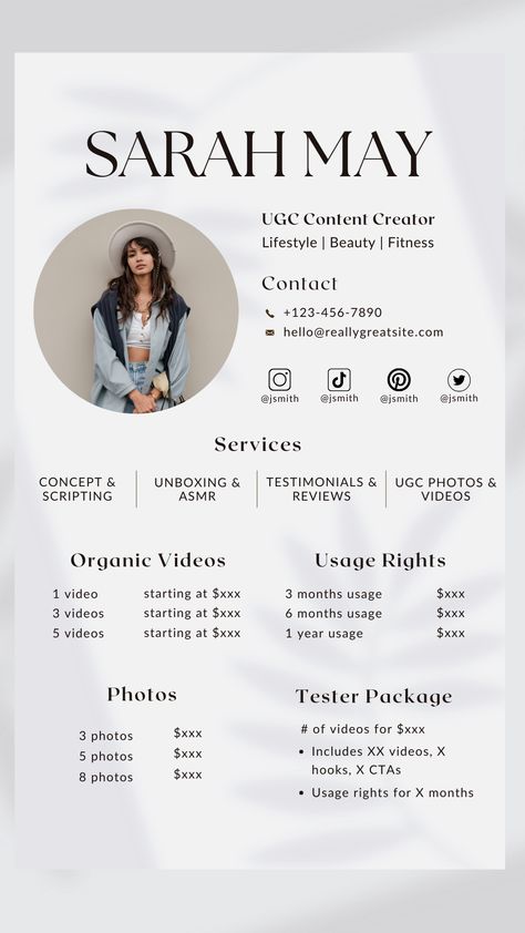 #Ambassador_Instagram_Story #Content_Creator_Pricing #Social_Media_Rate_Card #Ugc_Rate_Card Content Creator Business Card, Rate Card Influencer, Social Media Campaign Design, Free Social Media Templates, Social Media Packages, Types Of Social Media, Facebook Layout, Media Kit Template, Create Ads