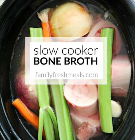 Slow Cooker Bone Broth -- FamilyFreshMeals.com - So healthy! Bone Broth Soup Recipes, Slow Cooker Bone Broth, Chicken Bone Broth Recipe, Bone Broth Benefits, Broth Diet, Bone Broth Diet, Bone Broth Soup, Making Bone Broth, Homemade Bone Broth