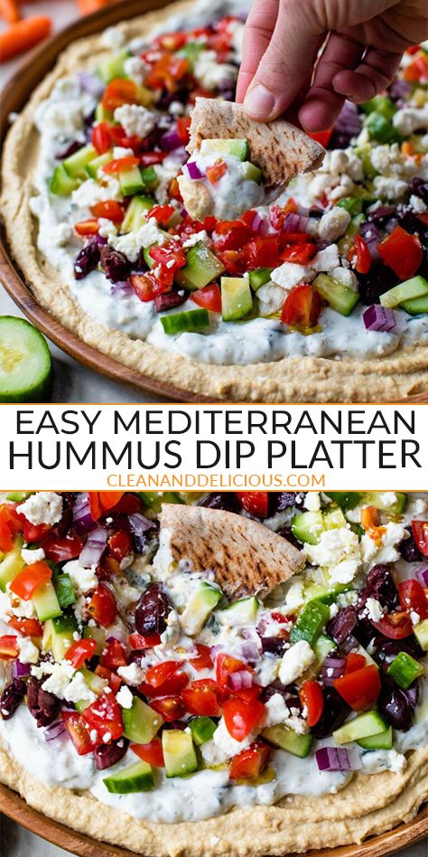 Impress your guests with this Mediterranean Hummus Dip Platter! Layered with creamy hummus, refreshing tzatziki, fresh chopped veggies, and crumbled feta cheese, it’s a nutritious snack plate brimming with protein, fiber, and flavor. Perfect for your next get-together, serve it alongside pita chips or extra veggies for dipping. Make this Mediterranean Hummus Dip Platter today! #HummusDip #PartySnacks #HealthyEating #MediterraneanDiet | @danispies Greek Style Loaded Hummus, Humus Board Ideas, Loaded Hummus Platter, Mediterranean Snacks Ideas, Hummus Board, Mediterranean Platter, Loaded Hummus, Hummus Plate, Mediterranean Hummus