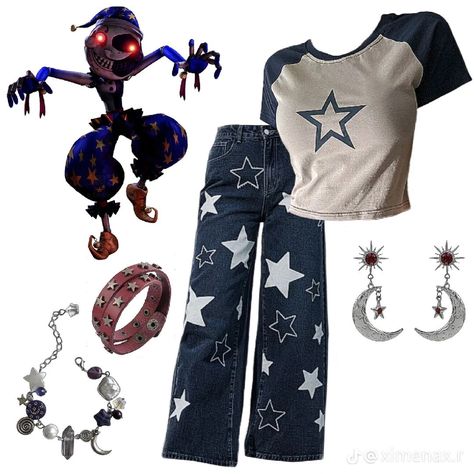 Five Nights At Freddy's Outfit Ideas, Fnaf Sb Inspired Outfits, Moondrop Outfit Ideas, Fnaf Moon Cosplay, Moondrop Inspired Outfit, Eclipse Outfit Ideas, Fnaf Movie Outfit, Bonnie Inspired Outfits Fnaf, Fnaf Inspired Outfits Foxy