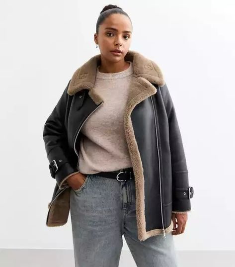 Plus Size Womens Clothing | Clothes For Plus Size | New Look Shearling Aviator Jacket, Faux Shearling Jacket, Aviator Jacket, Flattering Jeans, Plus Size Womens, Sportswear Fashion, Short Playsuit, Aviator Jackets, Sports Blazer