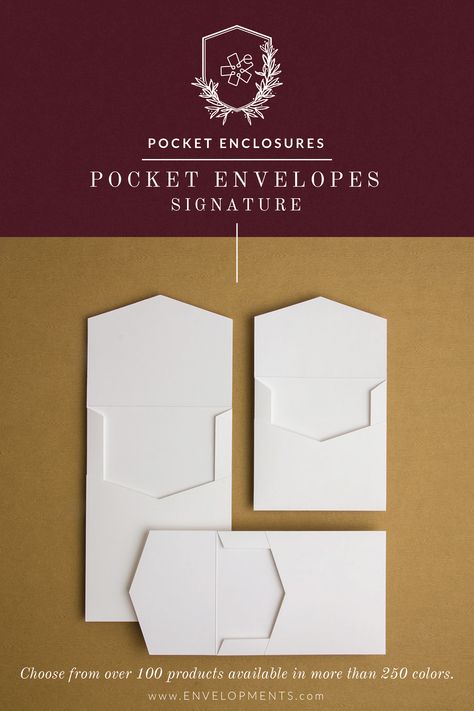 Pocket Envelopes Signature enclosures have a chevron-shaped flap and full-sized pocket to insert the contents. This product is perfect for those looking for an alternative to traditional inner envelopes. Created from card stocks and available in four styles, they can be used vertically or horizontally regardless of their orientations and are designed to fit into Envelopments’ Envelopes in coordinating sizes. Create dimension by layering cards from their respective size groups. Square Envelope Design, Vertical Envelope Template, Custom Envelope Design, Folding Envelopes Diy, Creative Envelope Design Ideas, Wedding Card Envelope Design, Square Envelope Template, Envelope Design Inspiration, Envelope Design Ideas