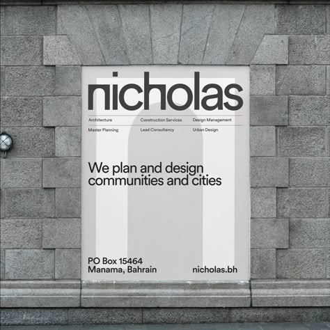 (2/3) Visual identity for Nicholas, a collective of architects, designers and construction specialists based in the city of Manama in the Kingdom of Bahrain. Nicholas firmly believes in the transformative power of architecture. Their commitment goes beyond mere aesthetics; they seek to create functional spaces that improve communities and the environment. Transformation inspired the logo design. The Circular typeface was modified so that letters such as “n” or “h” recalled one of the fundam... Arch Logo, Kingdom Of Bahrain, Design Management, Real Estate Logo, Bahrain, Its Nice That, Visual Journal, Instagram Design, Branding Inspiration