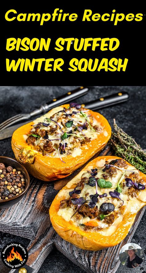 Ground Bison Recipes Healthy Dinner - Bison Stuffed Winter Squash - Squash offers a colorful way to embrace the fall season, while acorn squash specifically is packed with nutrients like fiber, vitamins, and minerals. Winter Squash Recipe, Bison Chili Recipe, Hearty Fall Meal, Bison Recipes, Ground Bison, Winter Squash Recipes, Squash Recipe, Campfire Food, Gourmet Burgers