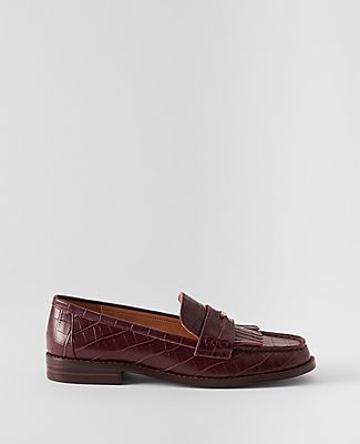 Our exotically embossed loafers flatter - every step of the way. Round toe. Padded footbed for complete comfort. 1/2" heel.,Imported:Imported,Fabrication:Leather Kiltie Croco Loafer by Ann Taylor Size regular - 7 Rich Cranberry Women's Low, Loafers, Footwear, Leather Low Loafers, Burgundy Loafers, Female Features, Loafers Outfit, Comfort Design, Penny Loafers, Office Wear, Sweater Weather, Leather Loafers