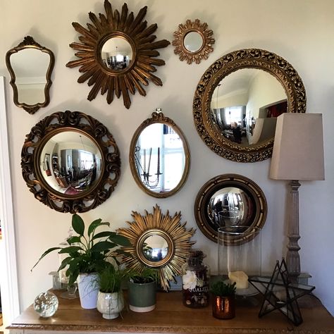 Mix Match Mirror Wall, Antique Mirror Gallery Wall, Multiple Mirror Wall, Circular Mirror Bedroom, Mirror And Picture Wall Layout, Decorative Mirrors Wall Living Room, Mirror Gallery Wall Ideas, Mirror Collage Wall, Vintage Mirror Wall Decor