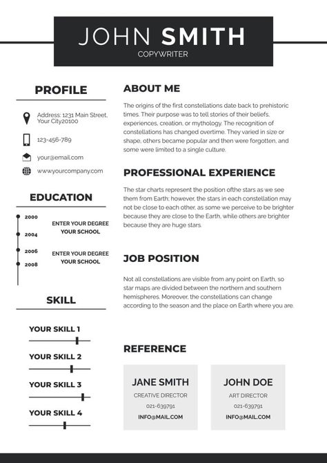 Simple Monocolor Copywriter Resume Cute Resume Design, Cv Without Photo, Film Resume, Copywriter Resume, Resume Inspiration, Menu Maker, Resume Ideas, Presentation Maker, Resume Maker