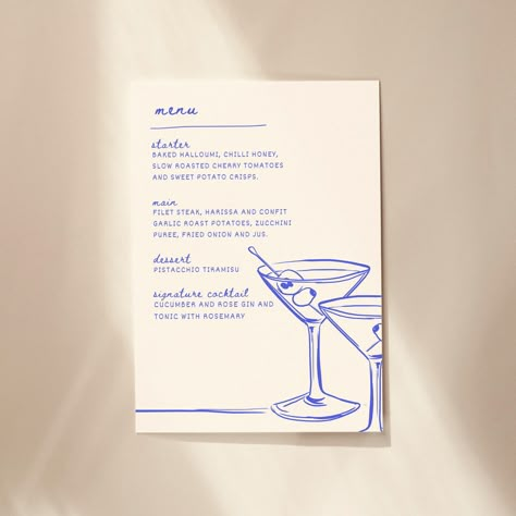 Hand Drawn Blue Illustrated Cocktail Menu Template from Artemis Elopes.  Menu is in A5 ratio, and can be printed larger if necessary.  ------------------------------------------ This listing is an instant digital download, available immediately to edit in your web browser with Canva.  Simple, easy and FREE to use! No software to install. This template is customisable, allowing you to personalise your stationery for the occasion. All you have to do is purchase, customise, and print! WHAT CAN BE E Dinner Menu Design Ideas, A5 Menu Design, Colourful Menu Design, Cocktail Menu Aesthetic, Cocktail List Menu Design, Menu Ideas Design Creative, Blue Menu Design, Diner Menu Design, Party Menu Design