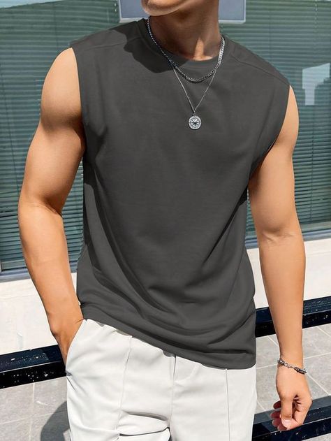 Singlet Outfit Men, Fitness Outfit Men, Mens Tank Top Outfits, Sleeveless Top Men, Men Tank Top Outfit, Tank Top Outfits Men, Solid Tank Tops, Tank Top Outfits, Men Stylish Dress