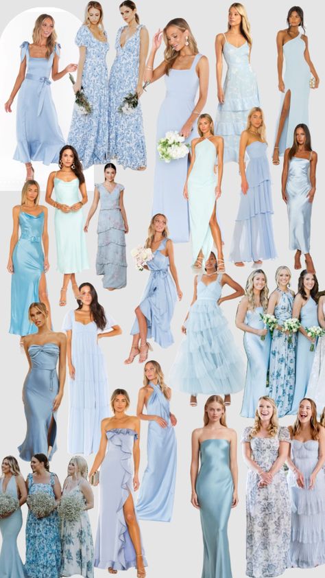 Chic Bridesmaid Dresses Blue, Mix Match Light Blue Bridesmaids, French Blue Bridesmaid Dresses, Wychmere Wedding, Blue Bridesmaid Dresses Mismatched, Baby Blue Wedding Theme, Mismatched Bridesmaid Dresses Blue, Bridesmaid Blue, Charmeuse Bridesmaid Dress