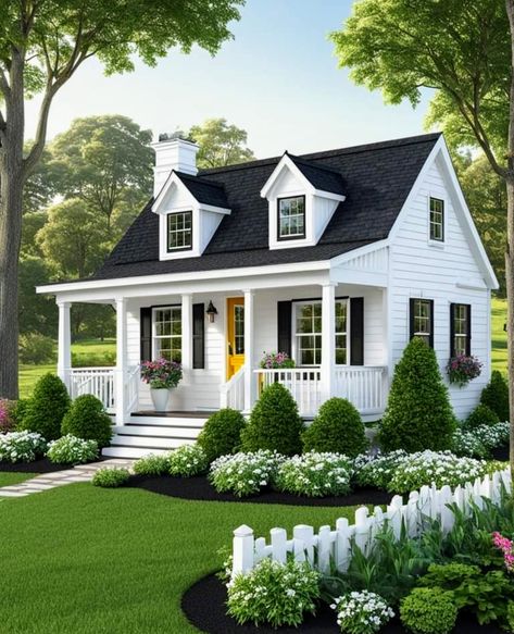 White Cottage Exterior, American House Design, Tiny Home Ideas, Cottage House Exterior, Homestead House, Small Cottage Homes, A Frame House Plans, Bed Floor, Townhouse Designs