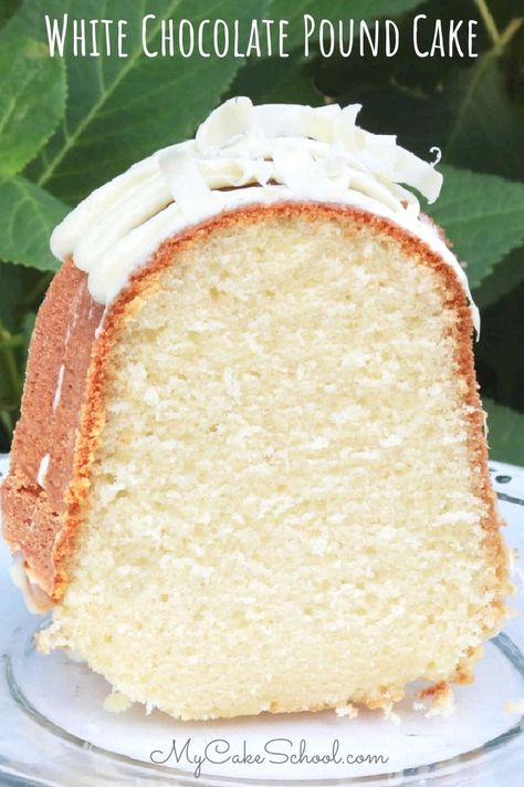 Delicious, moist White Chocolate Pound Cake! Cake Recipes White Chocolate, Easter Pound Cake Recipes, White Bundt Cake, White Pound Cake Recipe, Birthday Cake Pound Cake, White Chocolate Bundt Cake, White Lily Pound Cake Recipes, White Chocolate Chip Pound Cake, Moist Vanilla Pound Cake