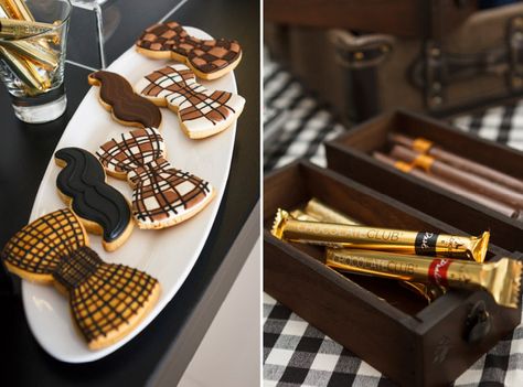 Gentlemen's Party - The Wedding Notebook magazine Bow Tie Cookies, Chocolate Cigars, Wedding Notebook, Shine A Light, Cookies Chocolate, Event Styling, Cigars, Bow Tie, Notebook