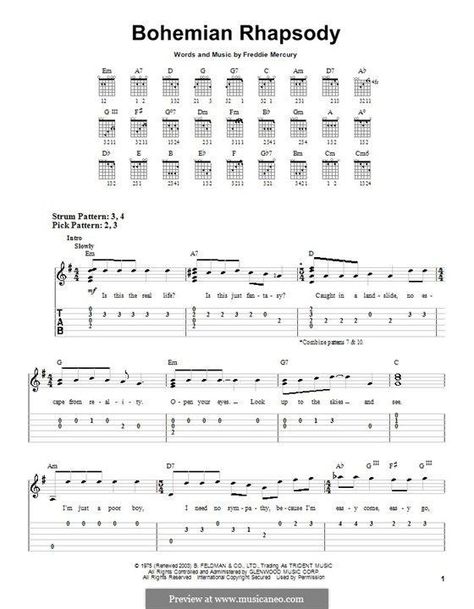 Bohemian Rhapsody Queen, Electric Guitar Chords, Ukulele Tabs Songs, Guitar Tabs Acoustic, Learn Guitar Songs, Easy Guitar Chords, Acoustic Guitar Chords, Guitar Tabs For Beginners, Learn Guitar Chords