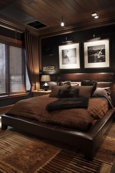 Brown And Black Room, Mens Home Decor Masculine Interior, Masculine Bedroom Furniture, Masculine Apartment Decor, Home Decor Masculine, Mens Home Decor, Addison Apartments, Black And Brown Bedroom, Modern Masculine Bedroom