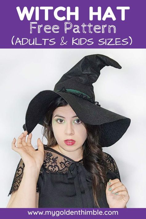 Cute, Easy, And Free Witch Hat Pattern for Kids and Adults. Witch Hat Sewing Pattern, Diy Witch Hat, Witch Hat Pattern, A Witch Costume, Halloween Sewing Patterns, Halloween Sewing Projects, Hat Sewing Pattern, Friend Costumes, Hat Template