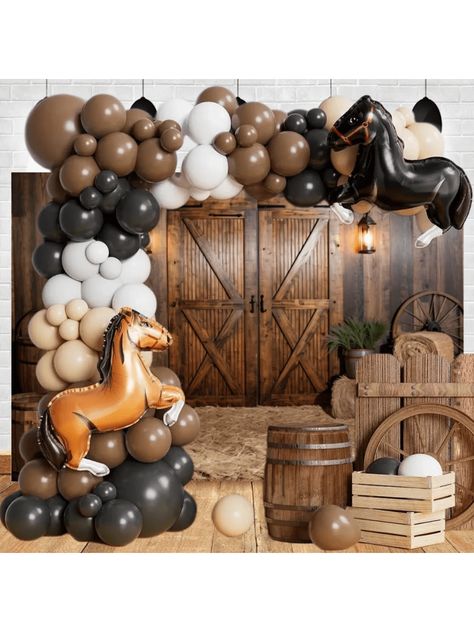 116pcs Horse Racing Latex Balloon Garland Arch Kit - Black, White, Blush, Brown Balloons For Western Cowboy Party,  Birthday Decor Multicolor    Latex     Event & Party Supplies, size features are:Bust: ,Length: ,Sleeve Length: Cowboy Balloons, Western Homecoming, Western Cowboy Party, Brown Balloons, Rodeo Party, Happy Birthday Decor, Horse Birthday Parties, Summer Cherries, Horse Birthday