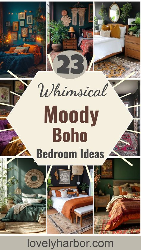 23 Whimsical Moody Boho Bedroom Ideas To Copy Addison Wonderland Bedroom, Boho Bedroom Inspirations Chic, Boho Over Bed Decor, Boho Bedroom Feature Wall, Anthropologie Boho Bedroom, Bedroom Inspirations Witchy, Small Bedroom Decor Colorful, Room Decor Types, Boho Velvet Bedroom