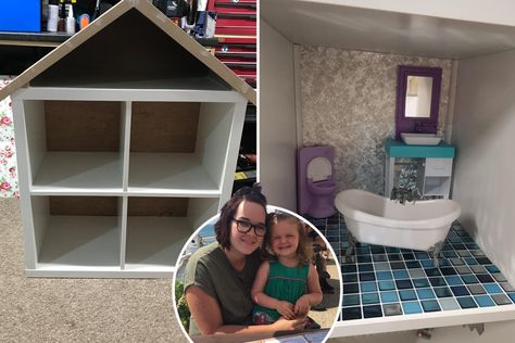 Mum turns £20 Ikea unit into Barbie dollhouse for daughter’s birthday using eBay bargains - to avoid buying £300 version Challenge Couple, Barbie Bath, Ikea Playroom, Ikea Kallax Unit, Ikea Units, Barbie Dollhouse, Craft Cupboard, Bedroom Cupboards, Dollhouse Bathroom