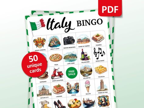 Italië reizen bingospel, 50 Italië bingokaarten, reisvakantie-activiteiten, Italiaans themafeestspel voor volwassenen en kinderen, afdrukbaar cadeau - Etsy Nederland Italian Themed Party Games, Italian Theme Party, Travel Bingo, Italy Party, Birthday Pizza, Italian Themed Parties, Printable Bingo Games, Bingo Party, Italian Night